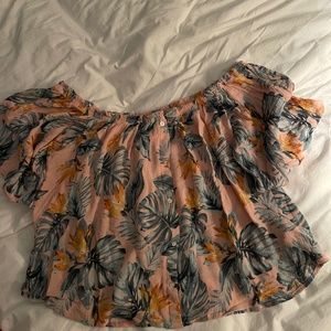 Pink and Palm Leaf off the shoulder crop top